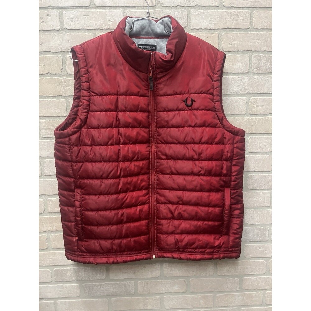 True religion men’s red puffer vest Sz XL full zip estimated with pockets